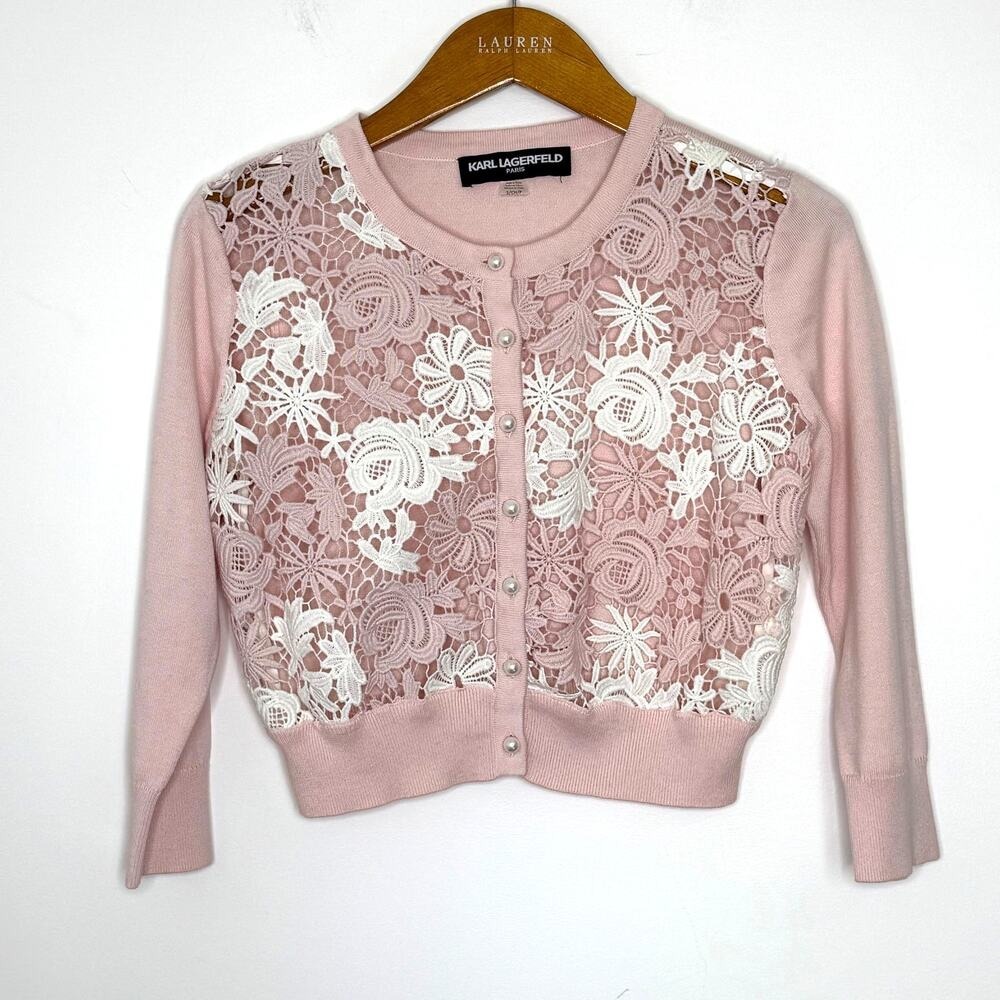 Karl Lagerfeld pink floral applique‎ front crop cardigan